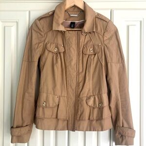 White House Black Market Zip Up Ruffle Back Utility Jacket Good Embellishments 4